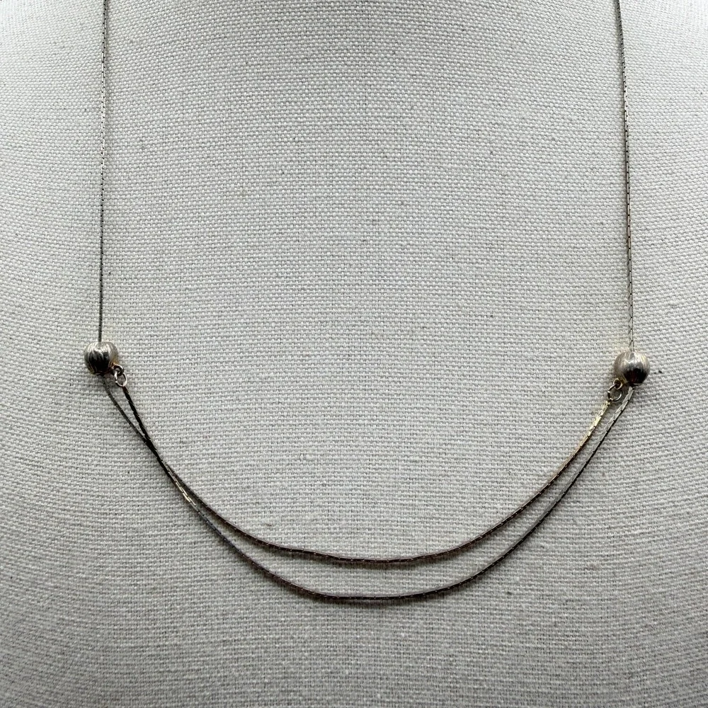Silver Tone Double Strand Snake Chain Necklace Ribbed Beads Minimalist Gift